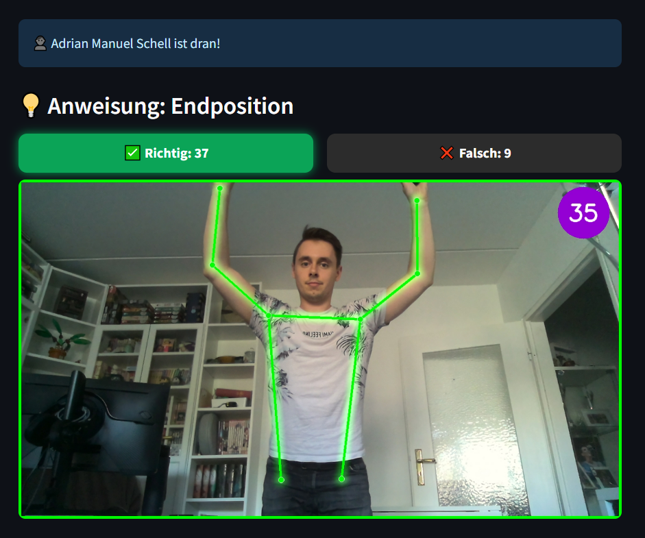 Live pose detection view with skeleton key points and repetition counters