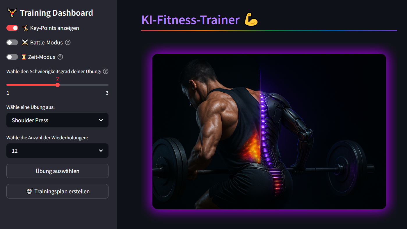 KI-Fitness-Trainer dashboard with workout controls and a training preview